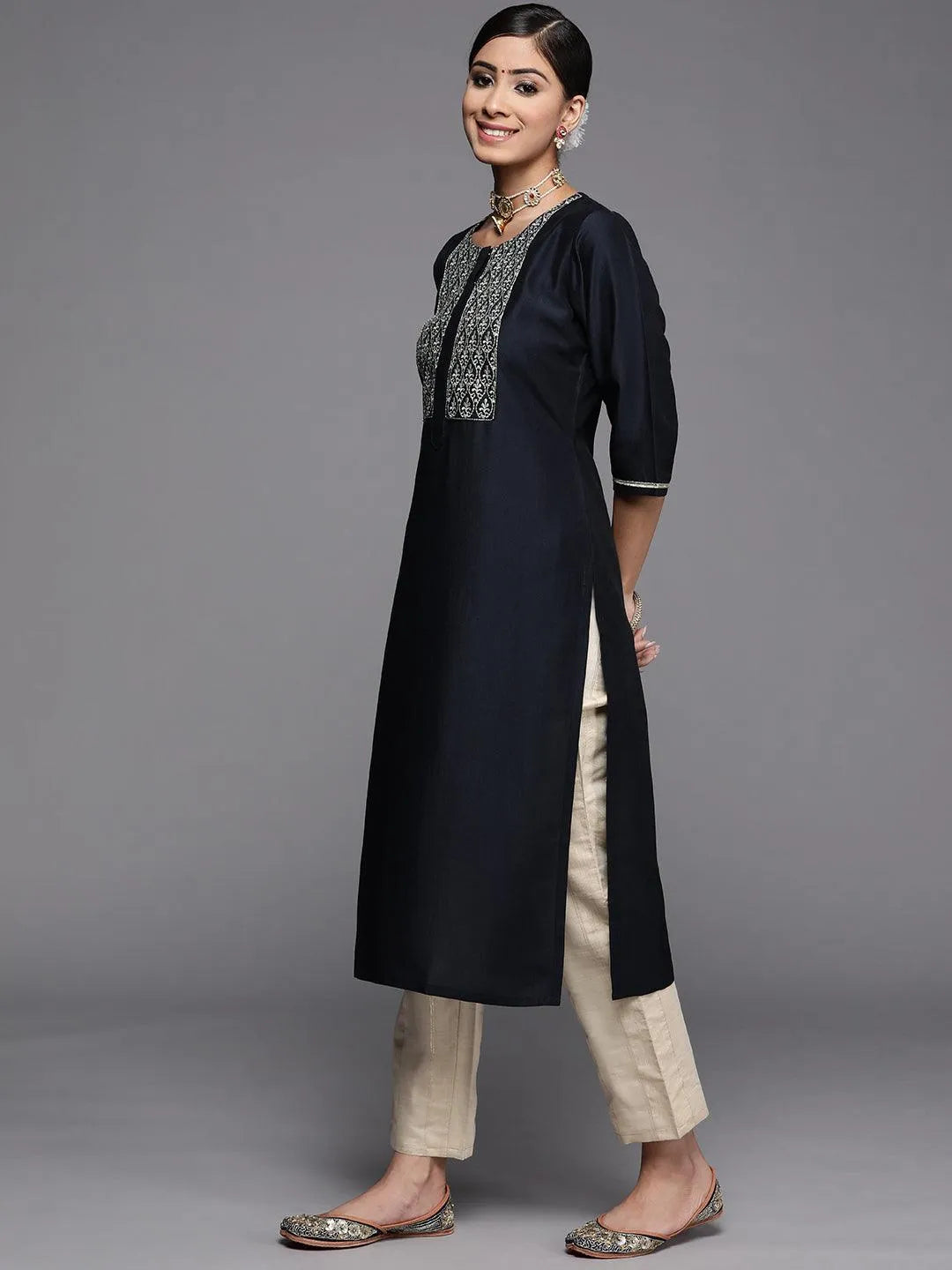 Navy Blue Embroidered Silk Kurta - Libas 