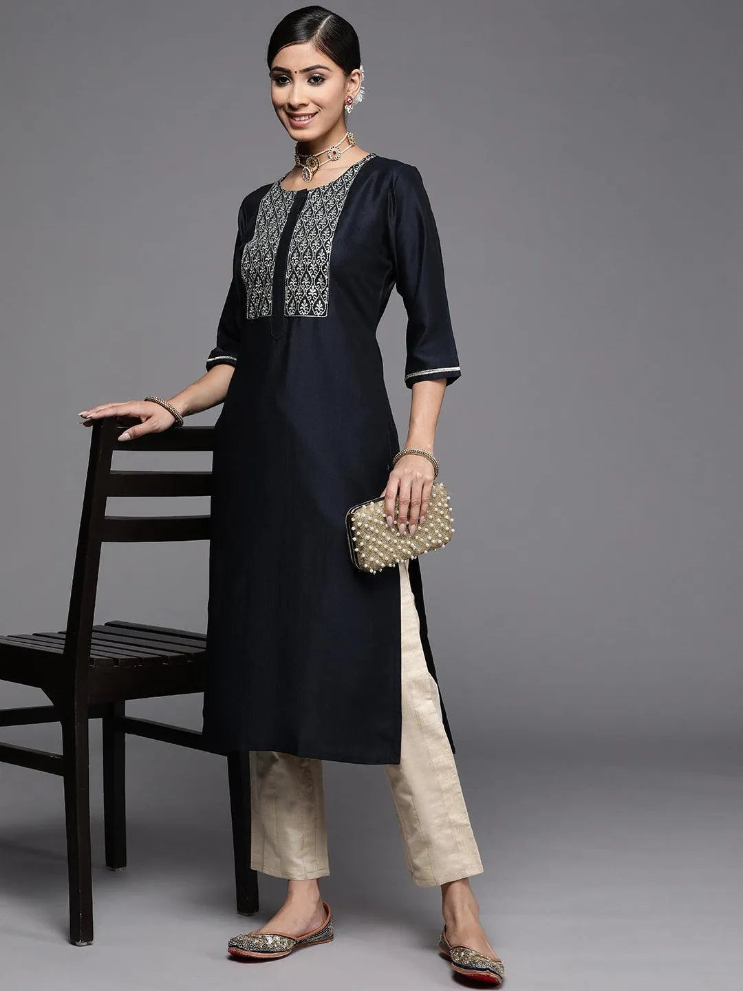 Navy Blue Embroidered Silk Kurta - Libas 