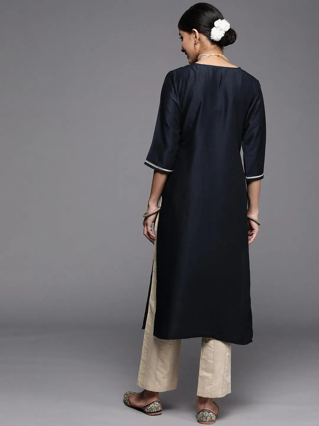 Navy Blue Embroidered Silk Kurta - Libas 