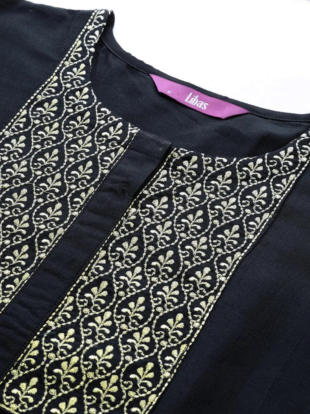 Navy Blue Embroidered Silk Kurta - Libas 