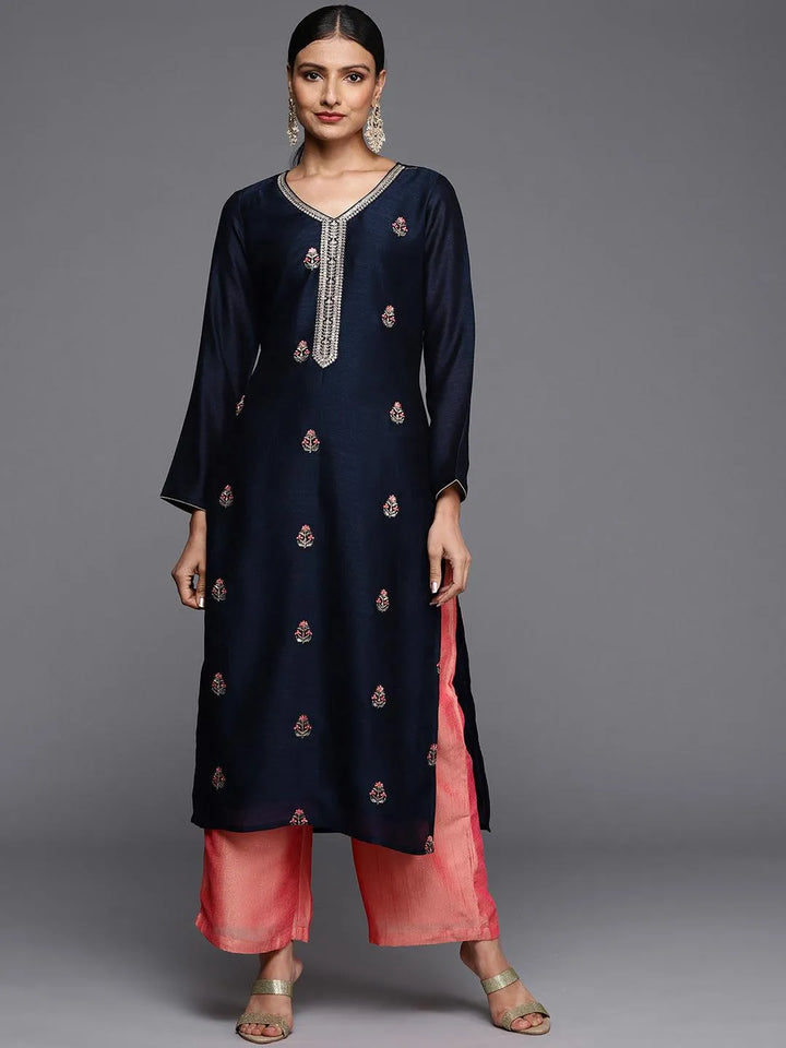 Navy Blue Embroidered Silk Straight Kurta - Libas