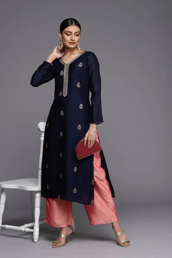 Navy Blue Embroidered Silk Straight Kurta - Libas