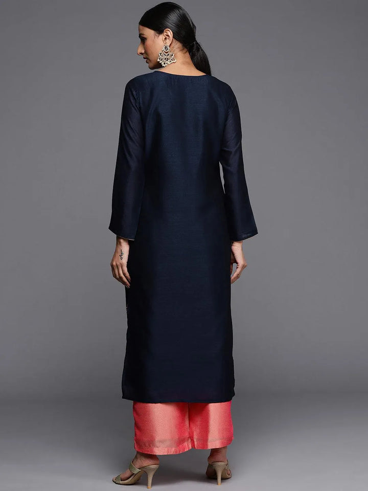 Navy Blue Embroidered Silk Straight Kurta - Libas