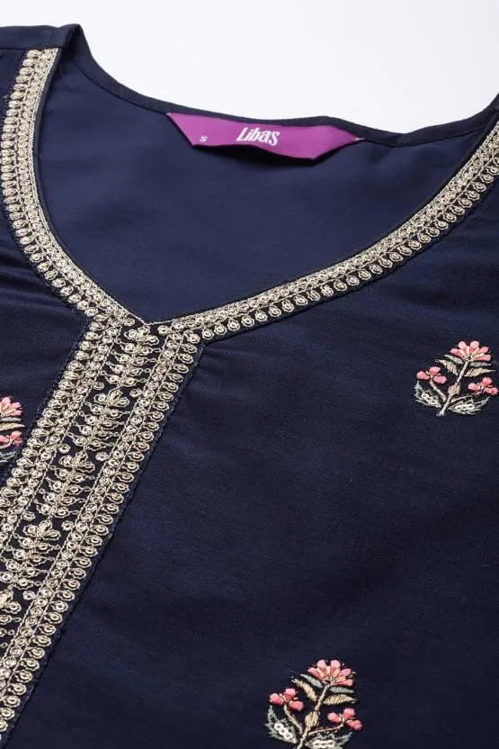 Navy Blue Embroidered Silk Straight Kurta - Libas