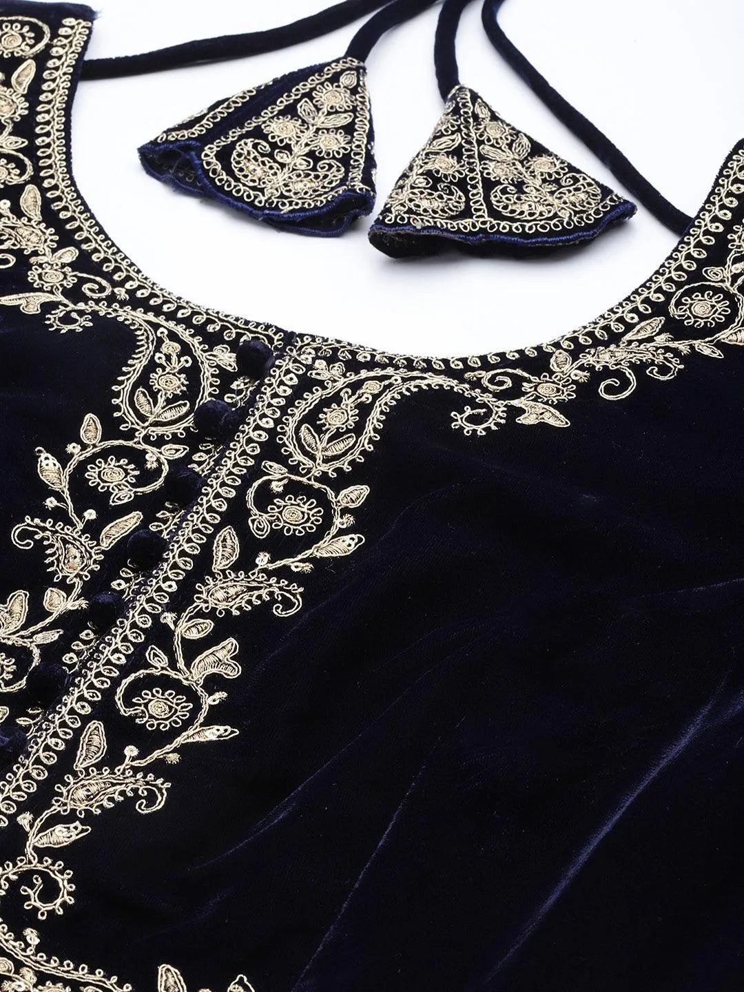 Navy Blue Embroidered Velvet Anarkali Suit Set - Libas 