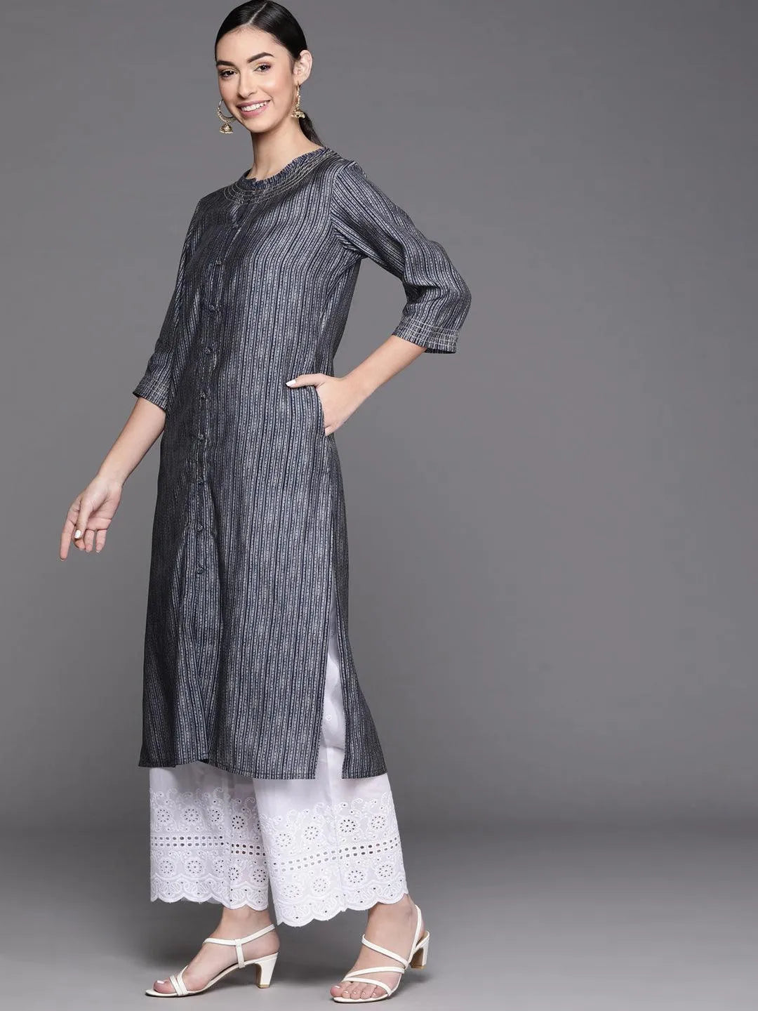 Navy Blue Printed Chanderi Silk Kurta - Libas