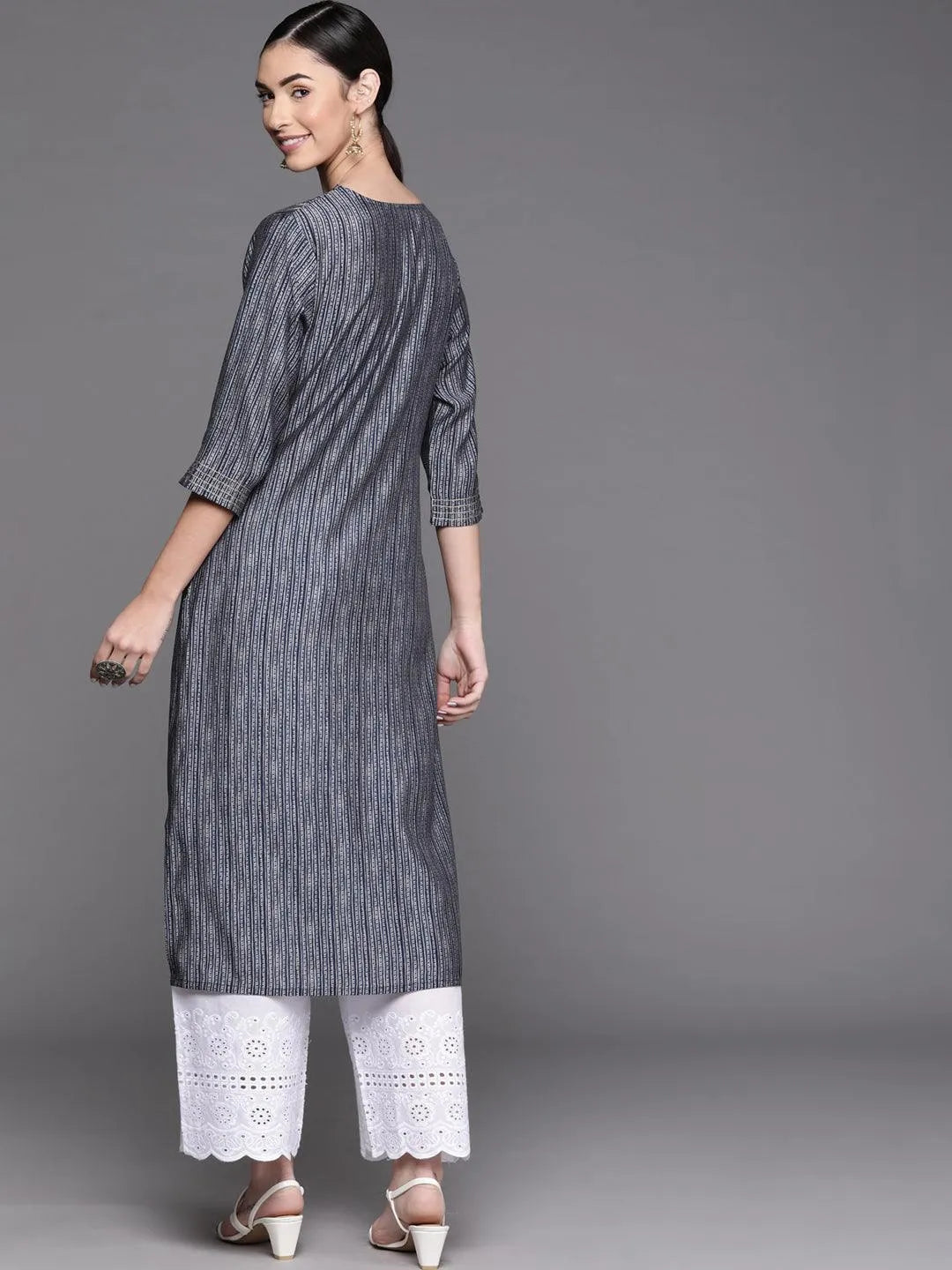 Navy Blue Printed Chanderi Silk Kurta - Libas