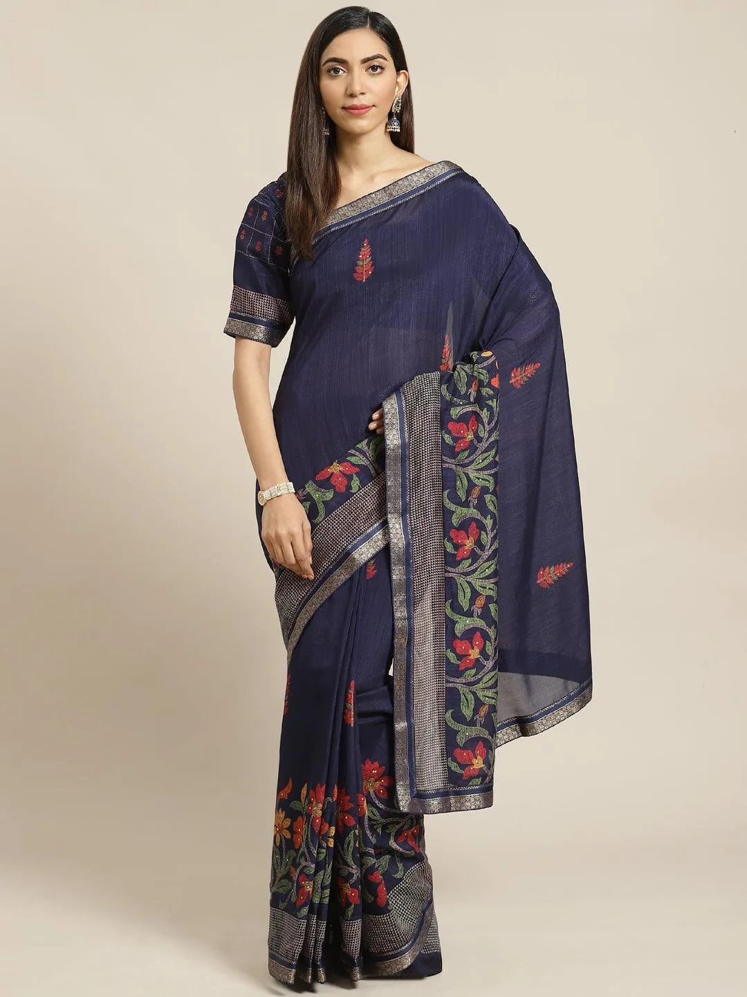 Navy Blue Printed Chiffon Saree - Libas