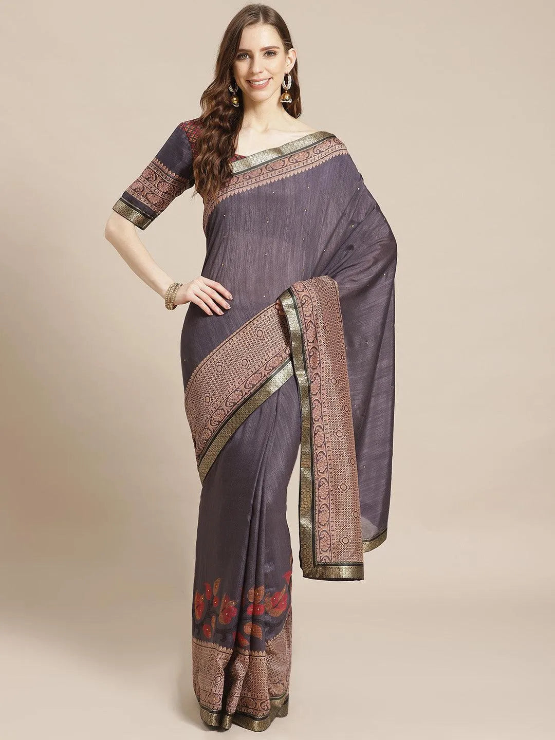 Navy Blue Printed Chiffon Saree - Libas