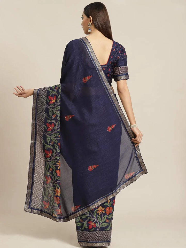 Navy Blue Printed Chiffon Saree - Libas