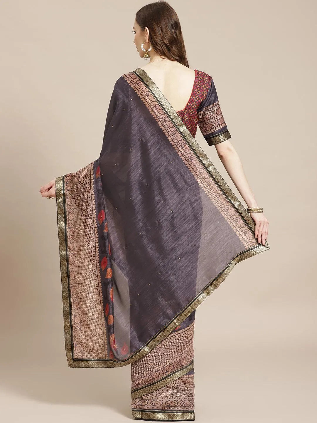 Navy Blue Printed Chiffon Saree - Libas