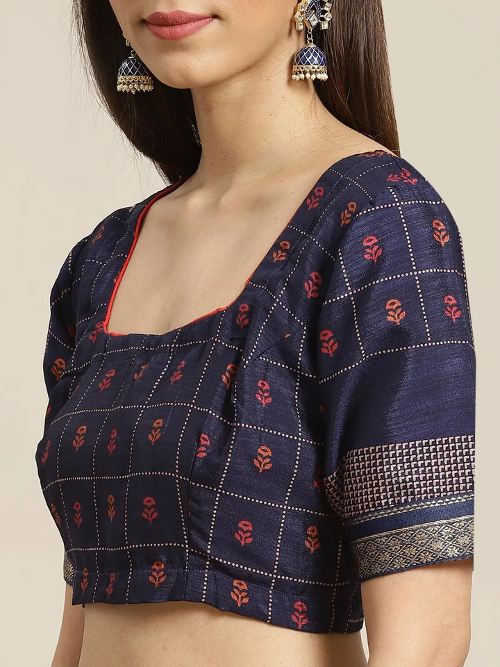 Navy Blue Printed Chiffon Saree - Libas