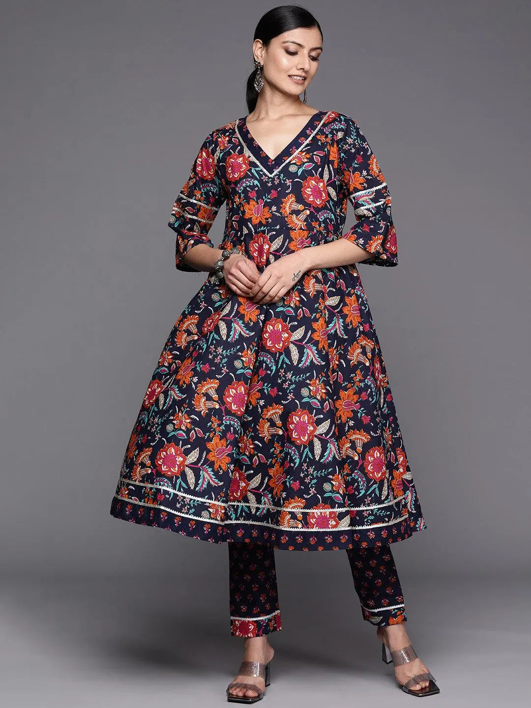 Navy Blue Printed Cotton Anarkali Kurta Set With Trousers - Libas