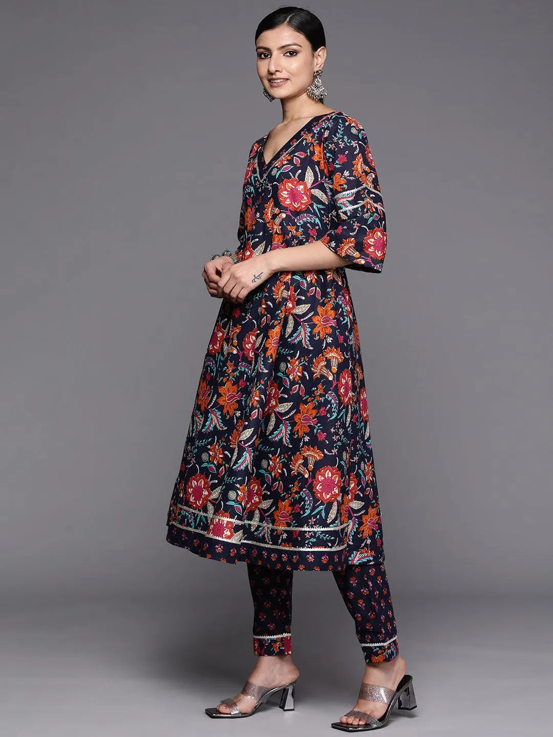 Navy Blue Printed Cotton Anarkali Kurta Set With Trousers - Libas