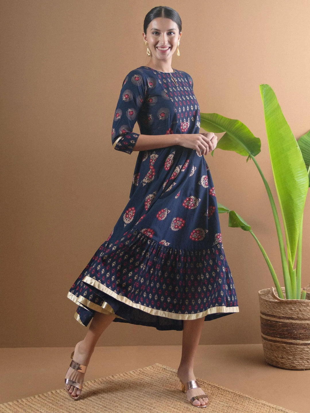 Navy Blue Printed Cotton Dress With Mask - Libas 