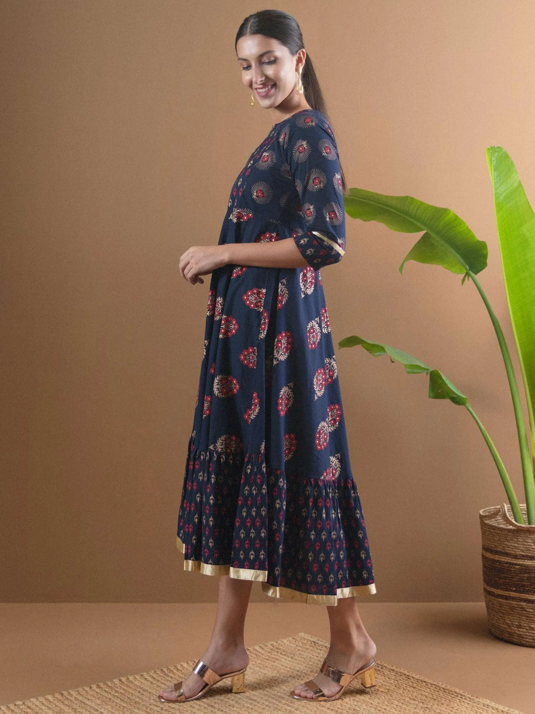 Navy Blue Printed Cotton Dress With Mask - Libas 