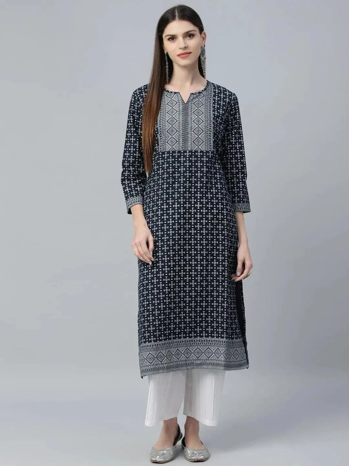 Navy Blue Printed Cotton Kurta - Libas