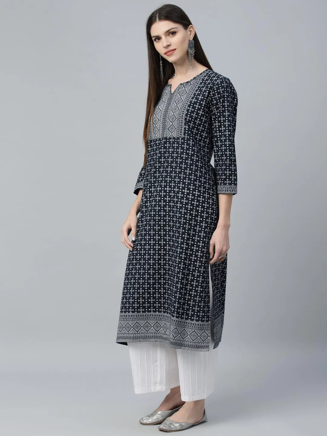 Navy Blue Printed Cotton Kurta - Libas