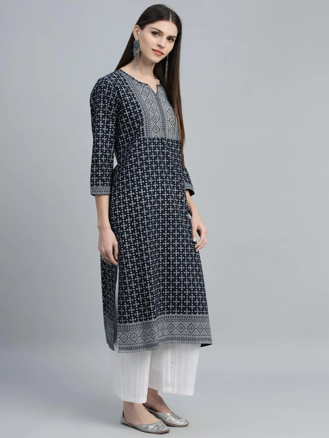 Navy Blue Printed Cotton Kurta - Libas