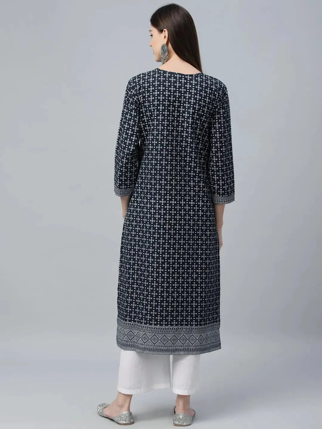 Navy Blue Printed Cotton Kurta - Libas