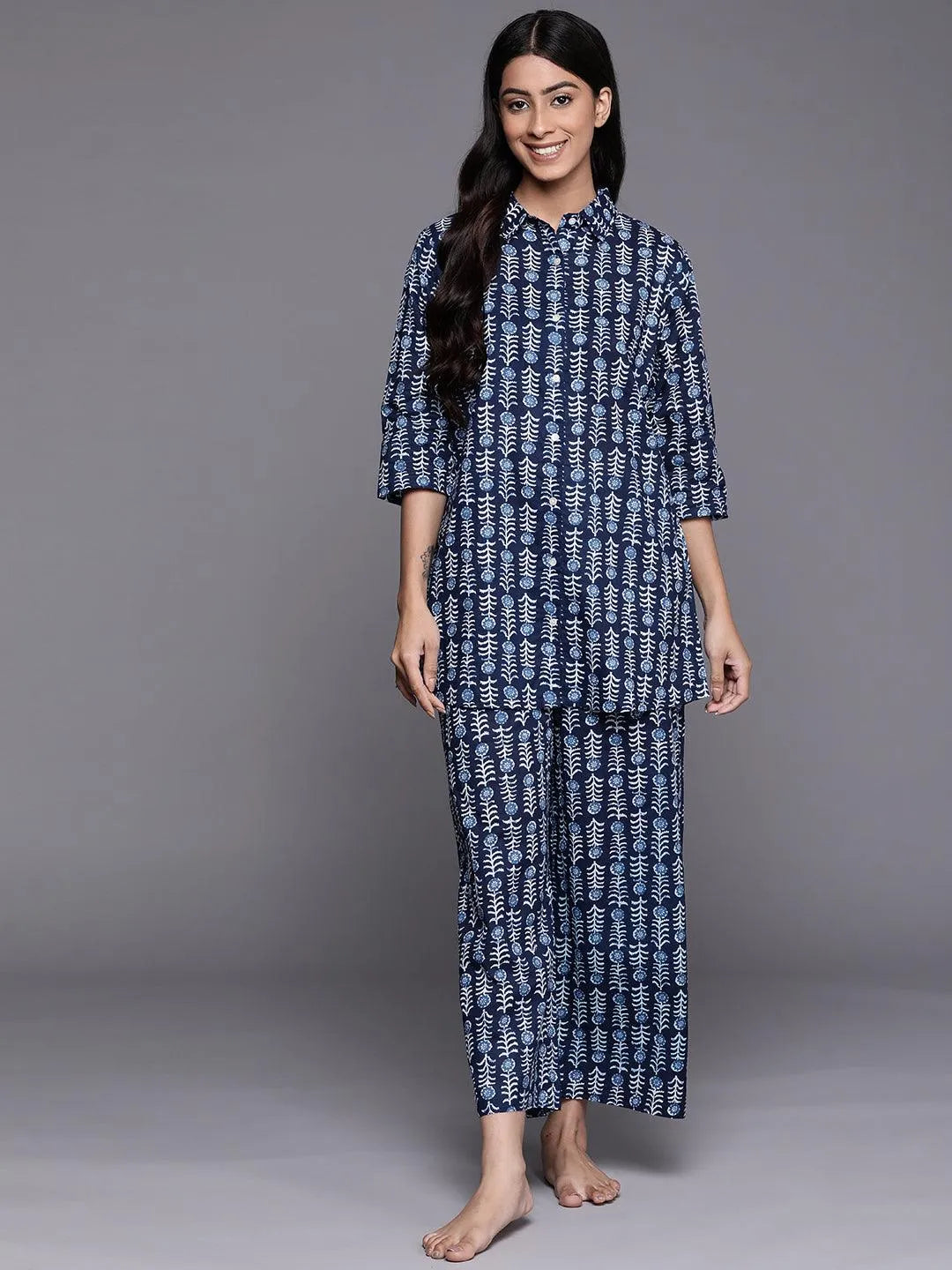 Navy Blue Printed Cotton Night Suit - Libas