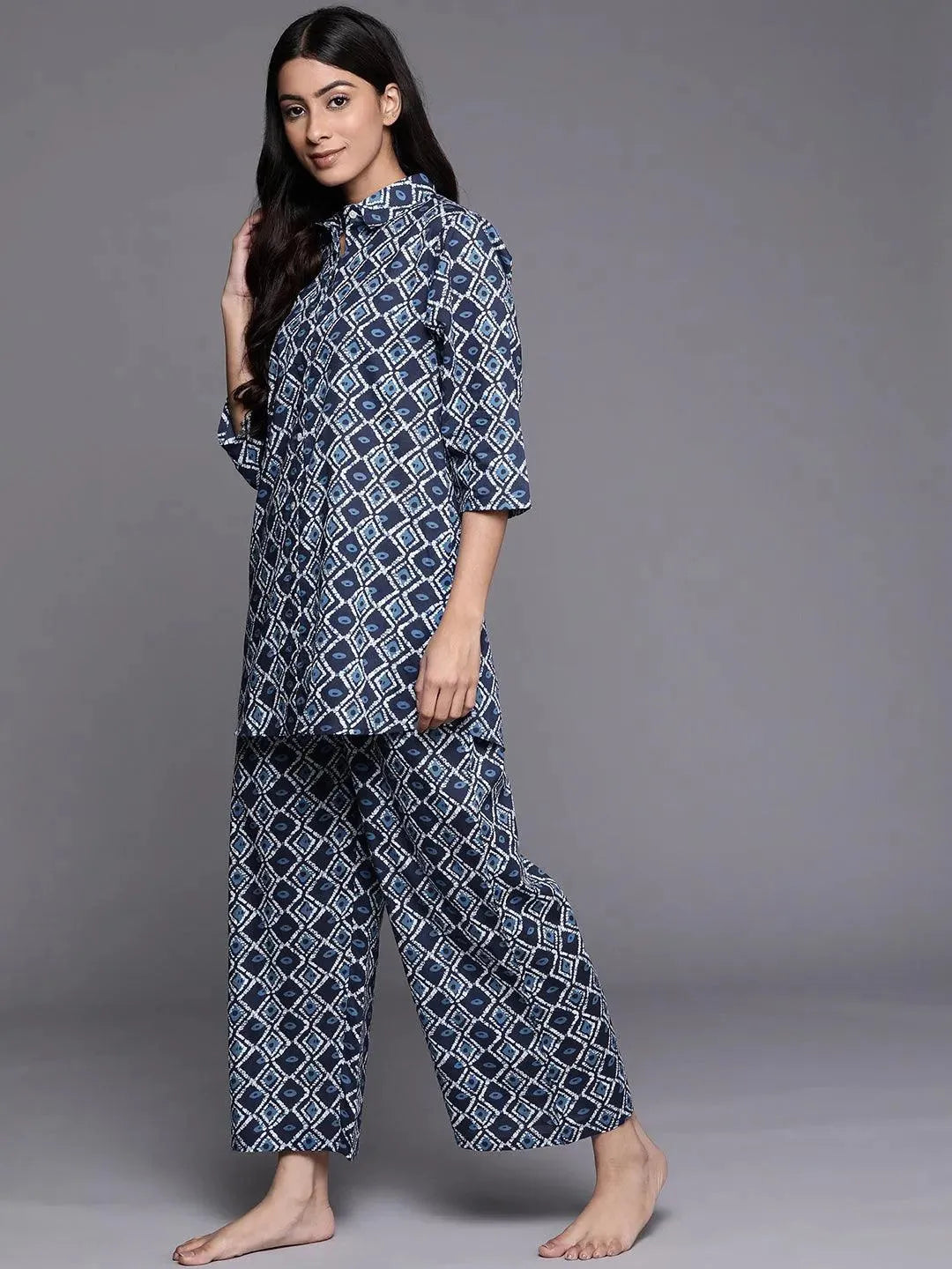 

Navy Blue Printed Cotton Night Suit