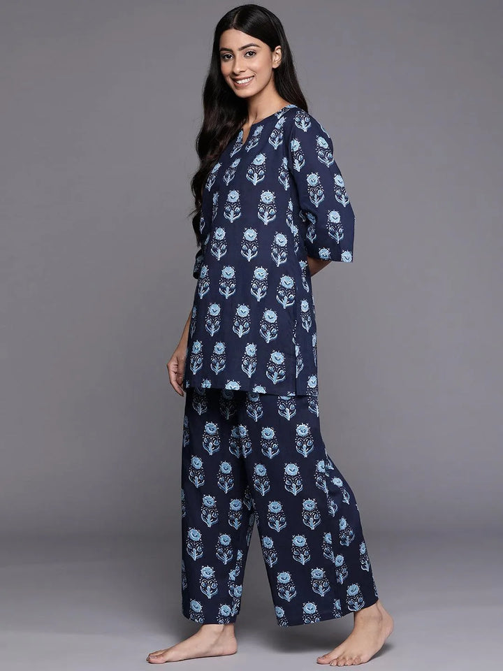 Navy Blue Printed Cotton Night Suit - Libas