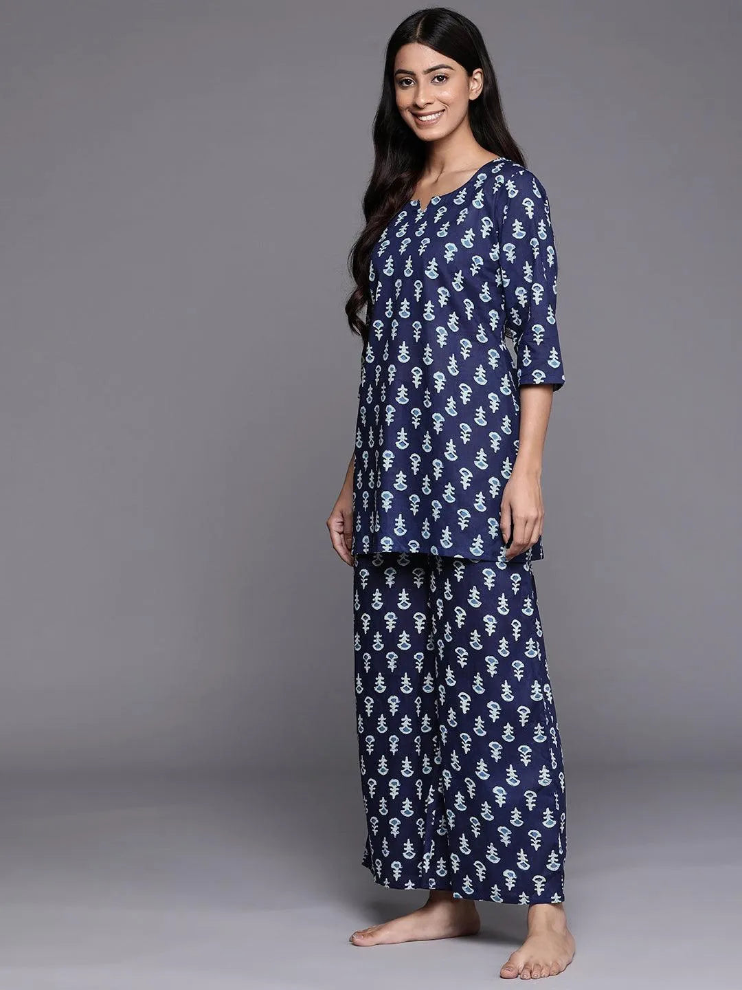 Navy Blue Printed Cotton Night Suit - Libas