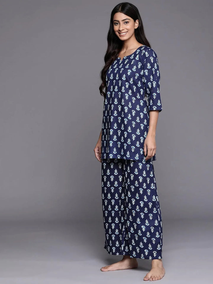 Navy Blue Printed Cotton Night Suit - Libas