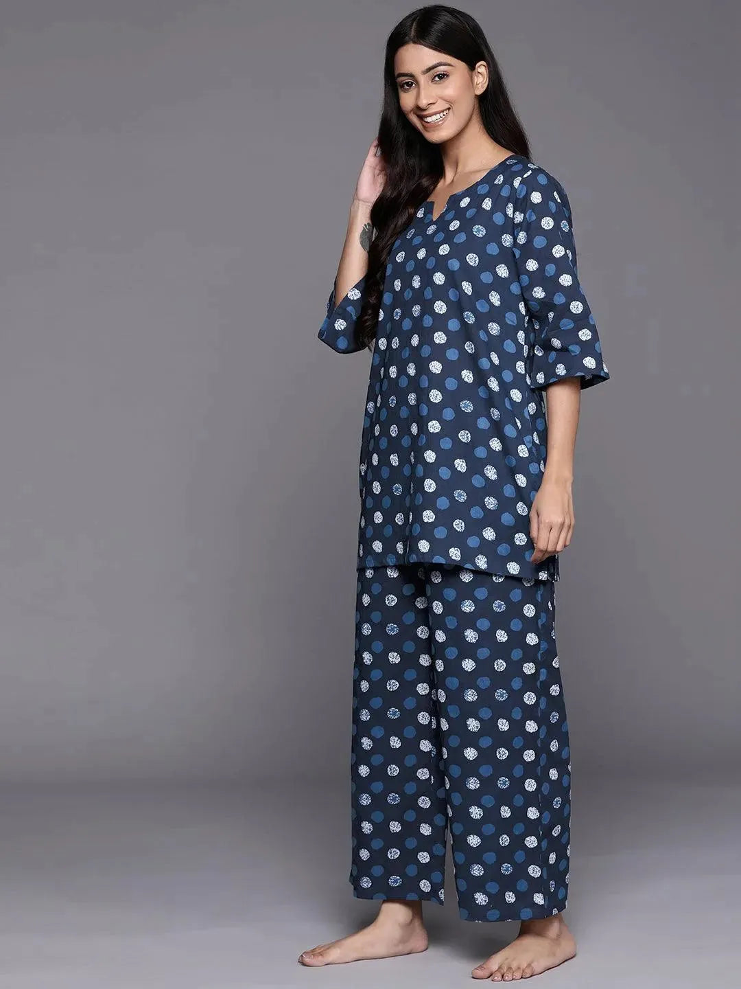 

Navy Blue Printed Cotton Night Suit