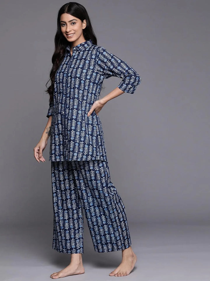 Navy Blue Printed Cotton Night Suit - Libas