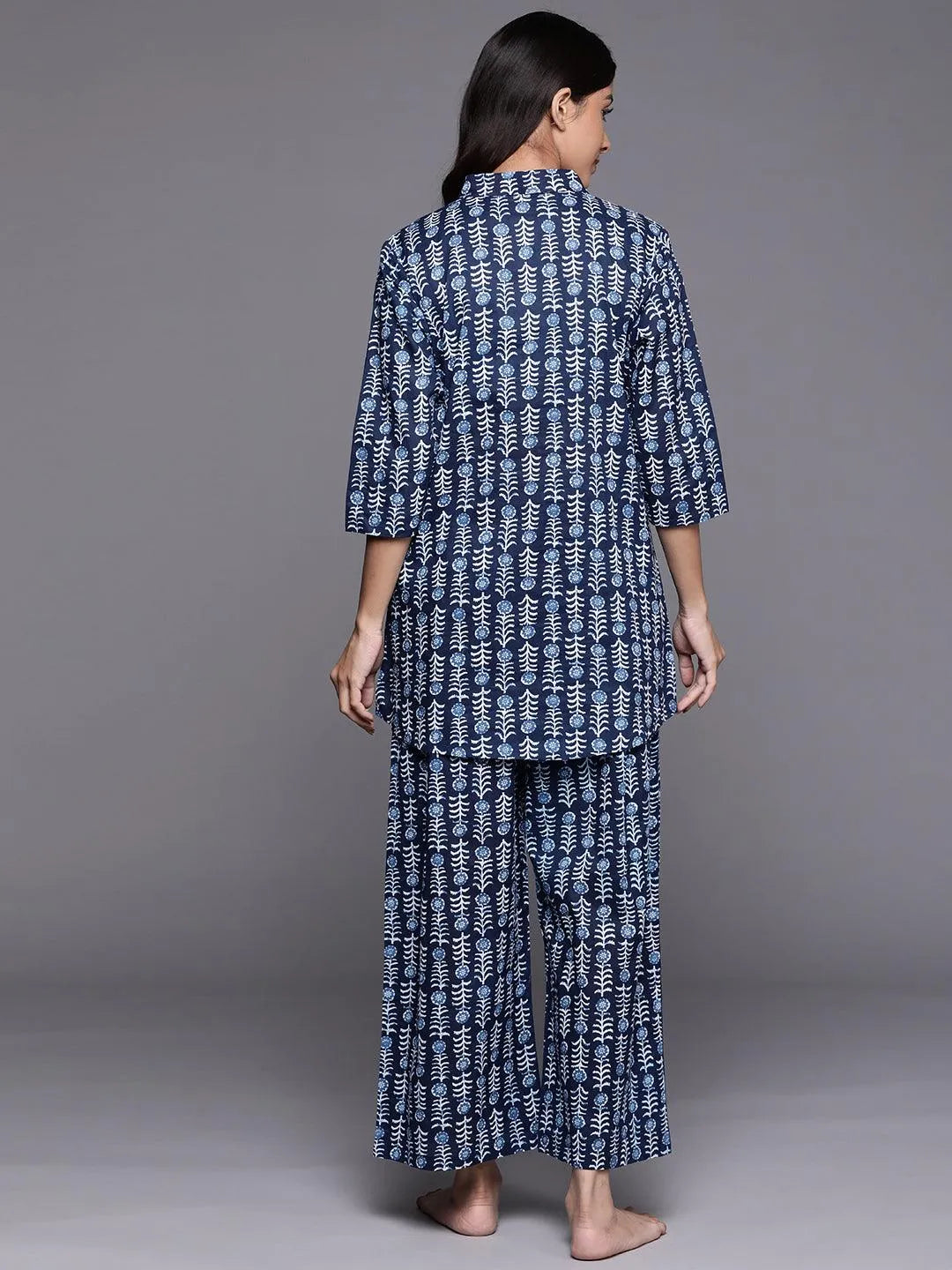 Navy Blue Printed Cotton Night Suit - Libas