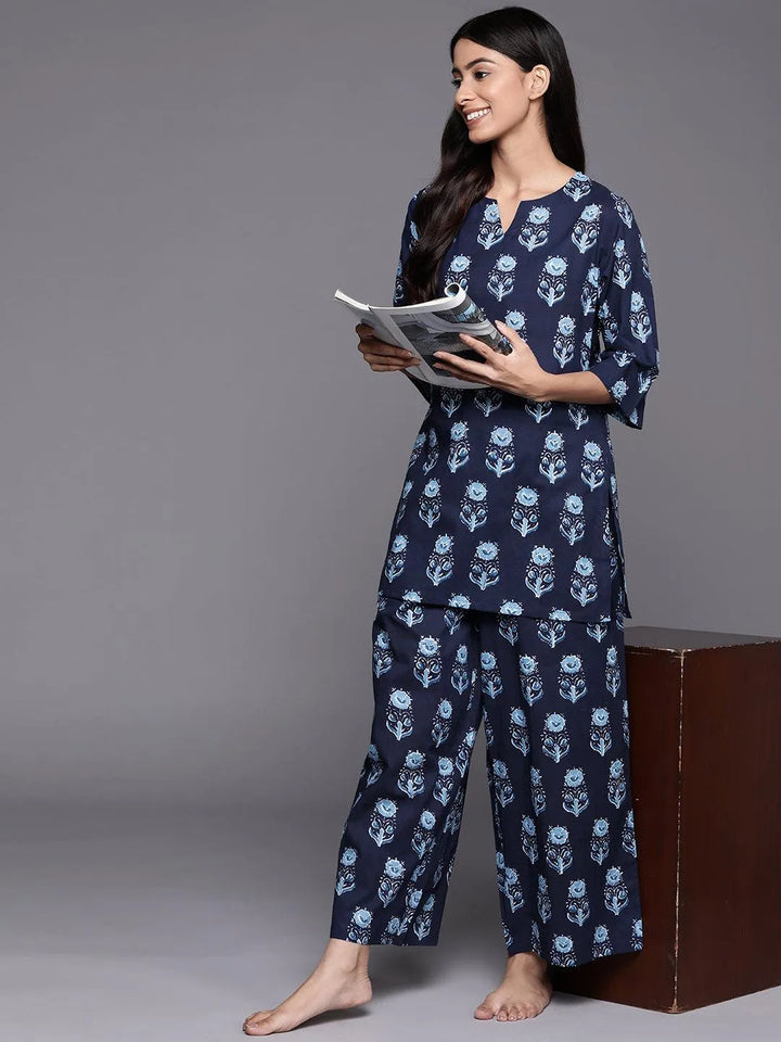 Navy Blue Printed Cotton Night Suit - Libas