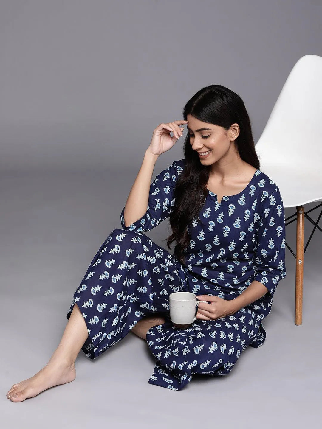 Navy Blue Printed Cotton Night Suit - Libas 