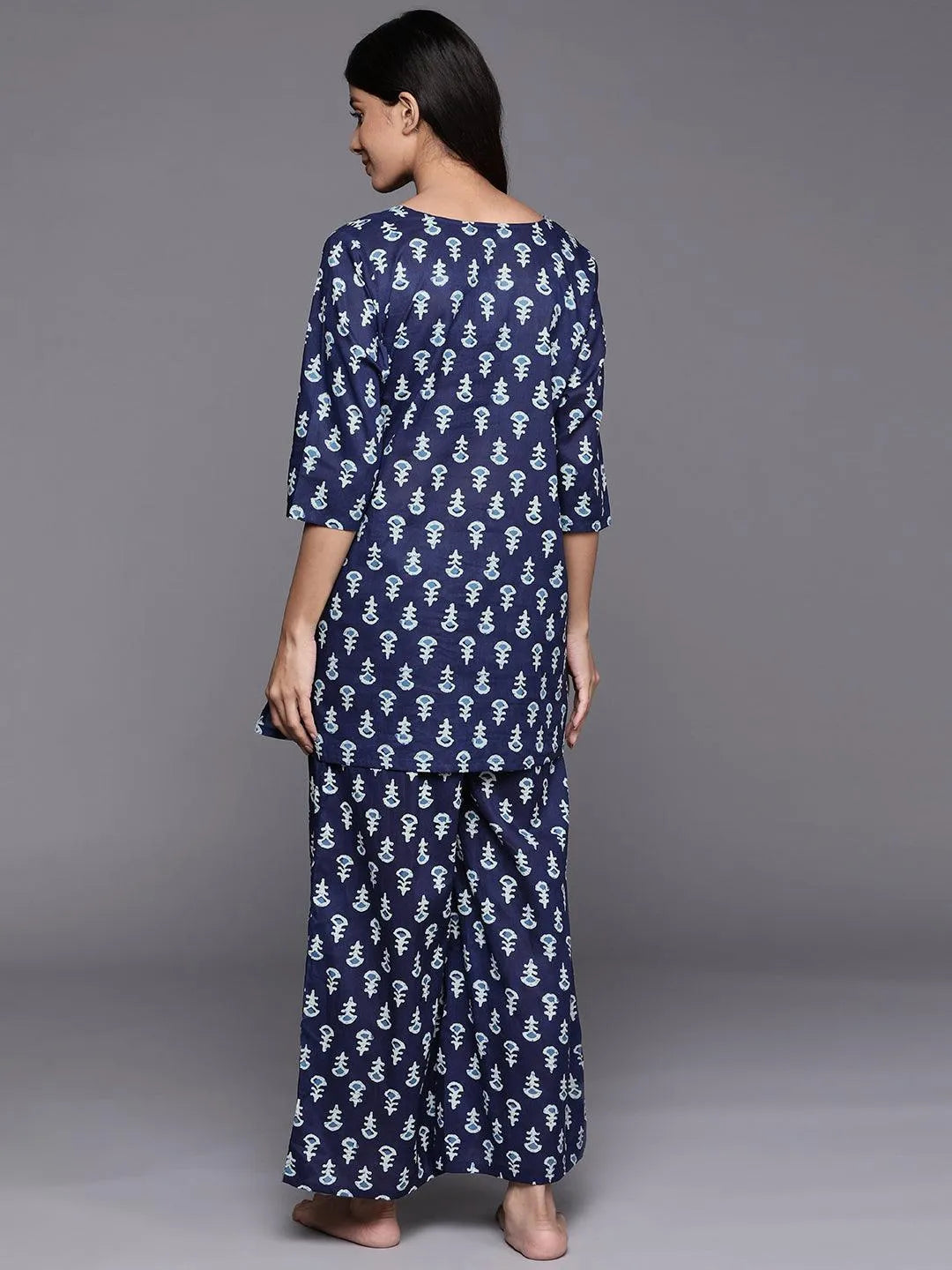 Navy Blue Printed Cotton Night Suit - Libas