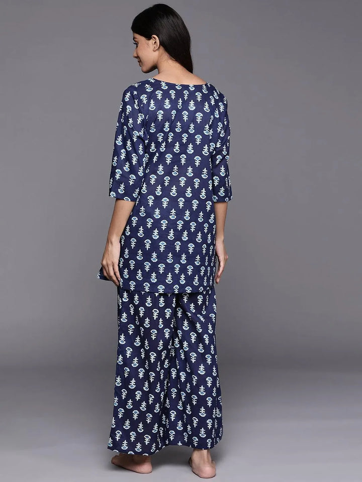 Navy Blue Printed Cotton Night Suit - Libas