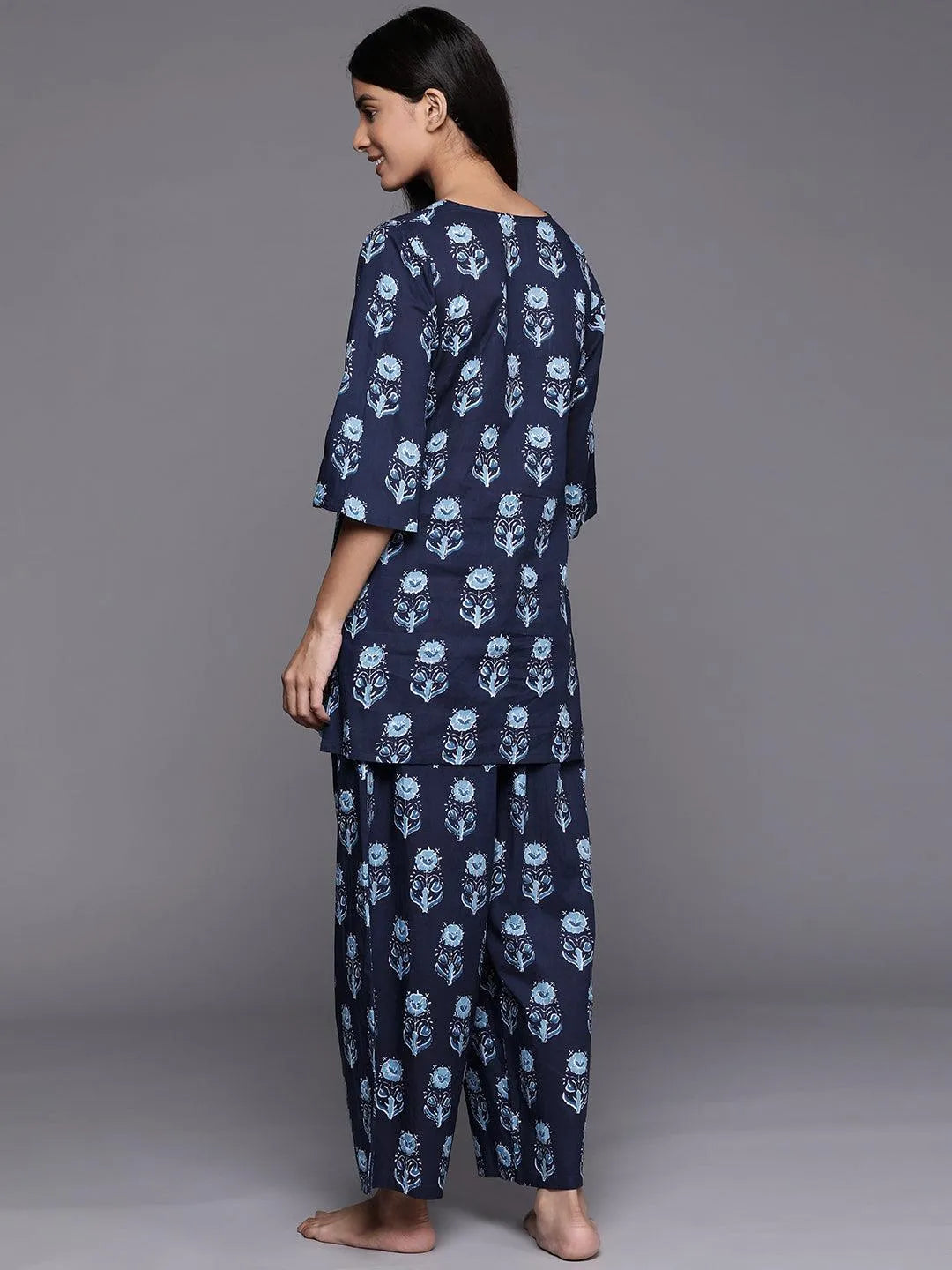 Navy Blue Printed Cotton Night Suit - Libas