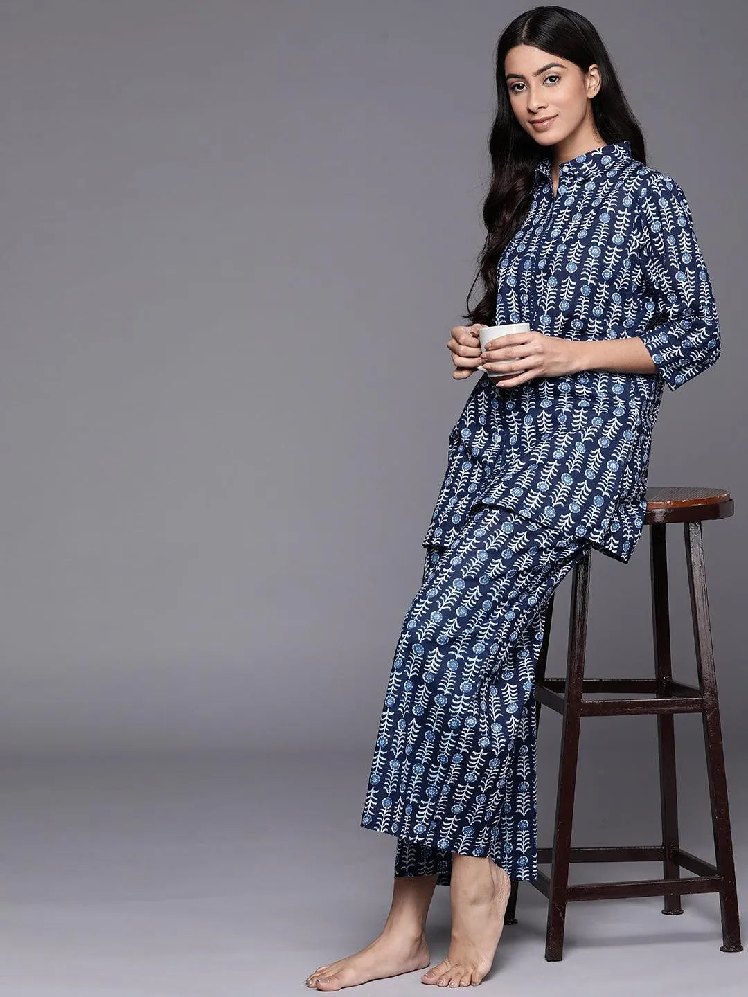 Navy Blue Printed Cotton Night Suit - Libas