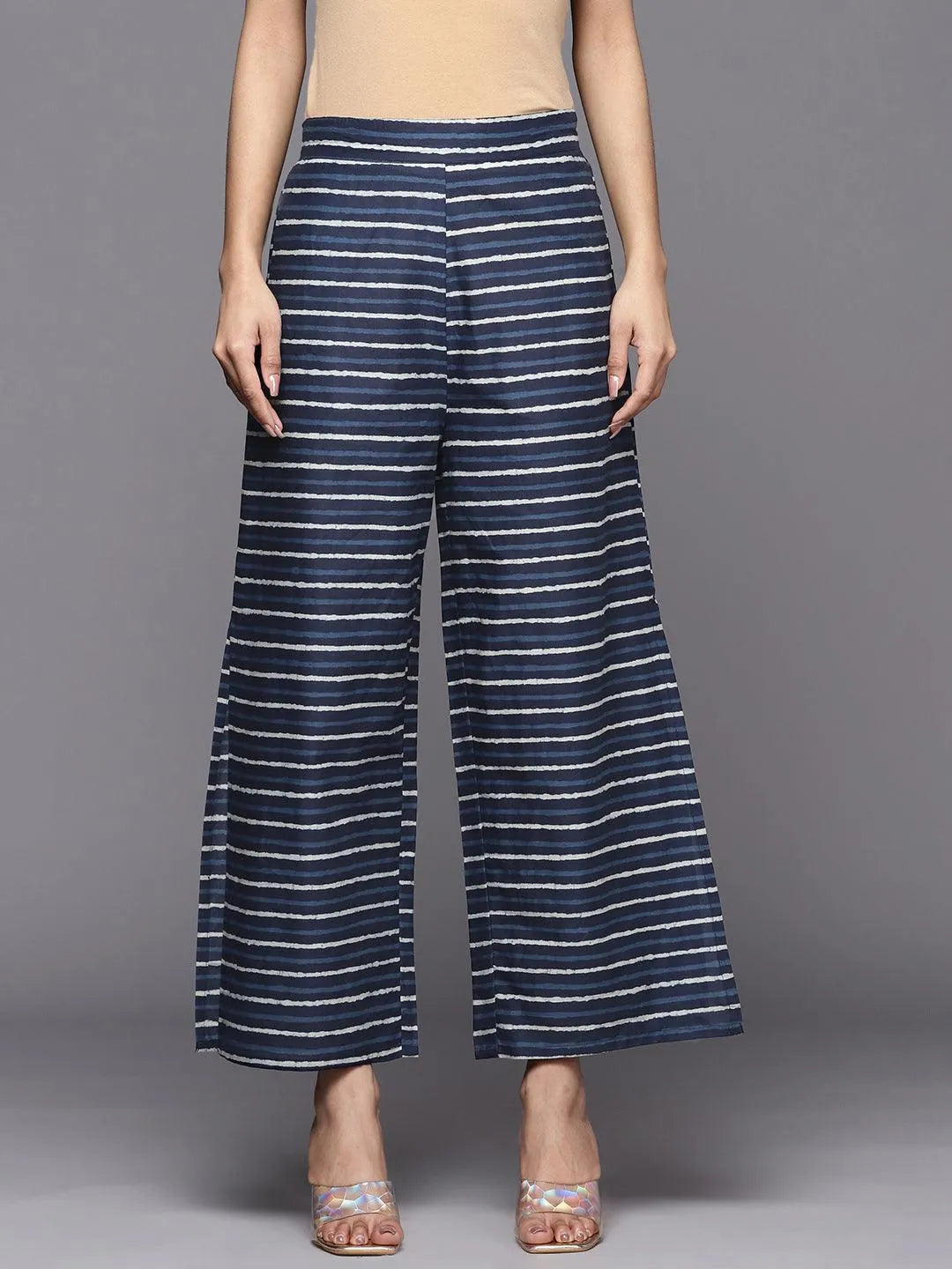 Navy Blue Printed Cotton Palazzos - Libas