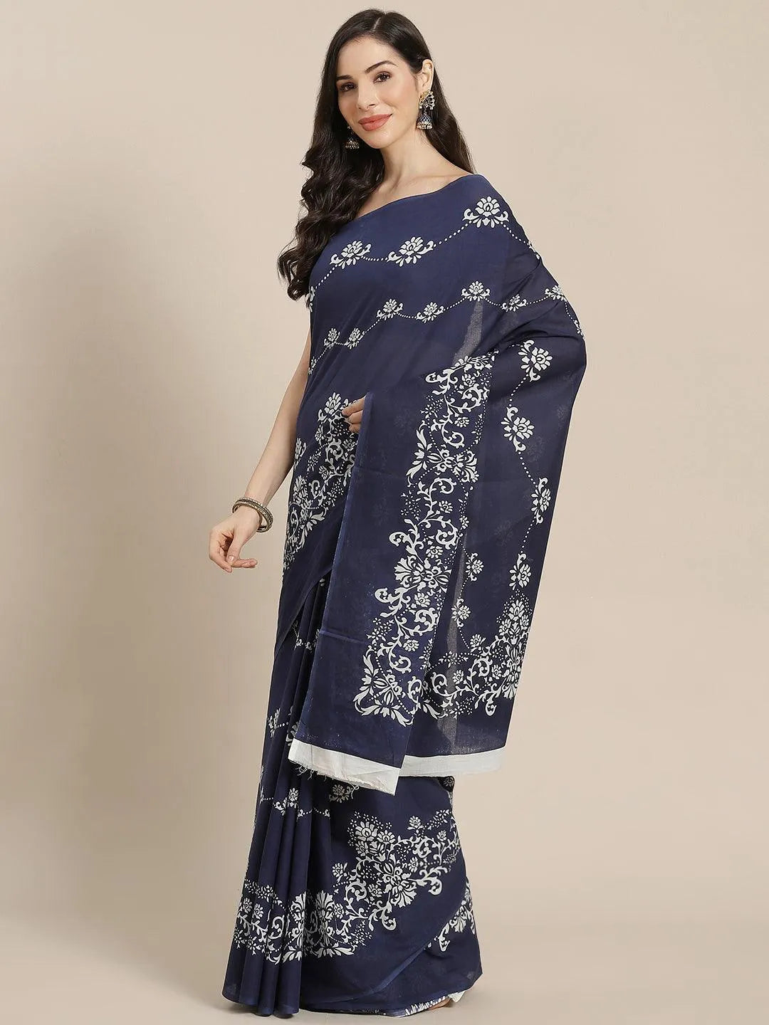 Navy Blue Printed Cotton Saree - Libas