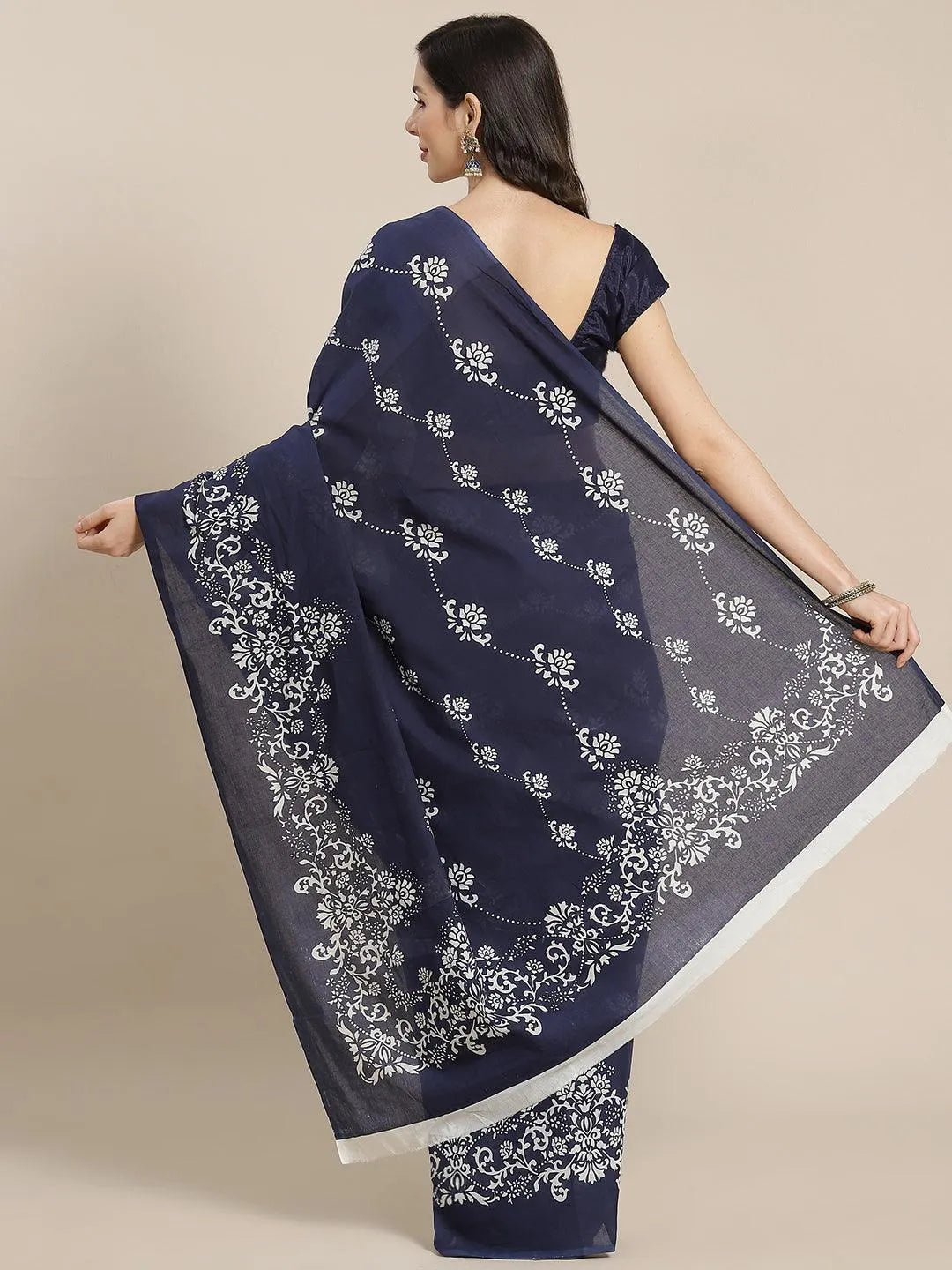 Navy Blue Printed Cotton Saree - Libas