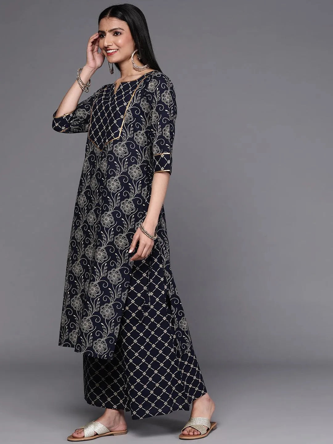 Navy Blue Printed Cotton Suit Set - Libas