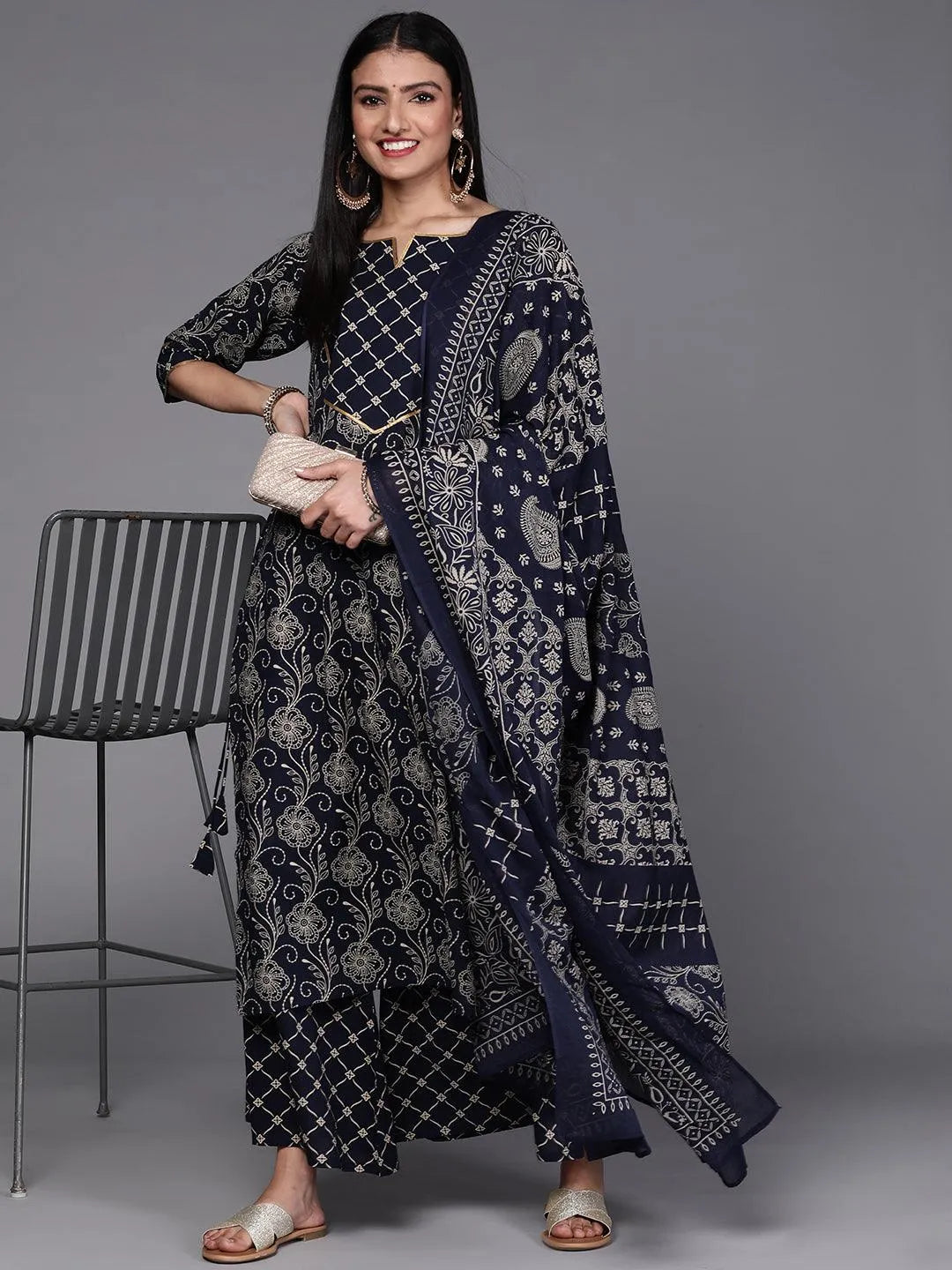 Navy Blue Printed Cotton Suit Set - Libas