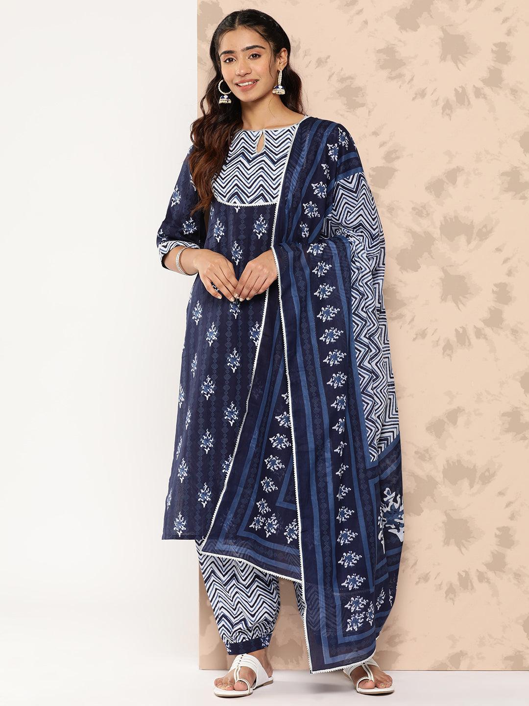 Navy Blue Printed Cotton Straight Kurta With Salwar & Dupatta - Libas 