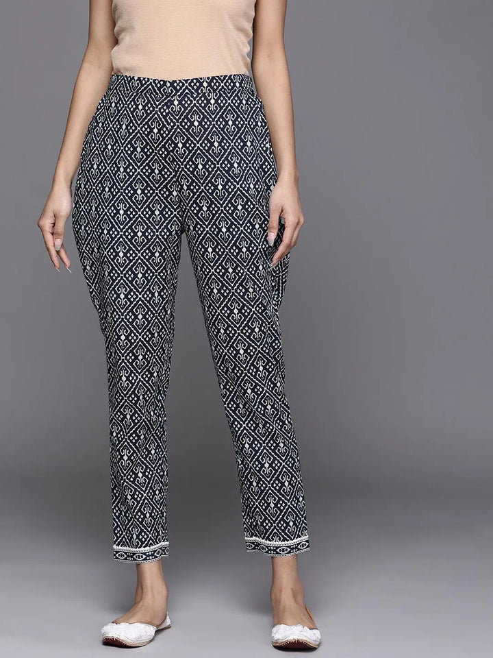 Navy Blue Printed Cotton Trousers - Libas