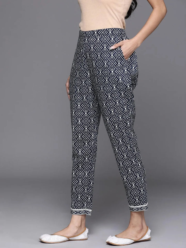 Navy Blue Printed Cotton Trousers - Libas