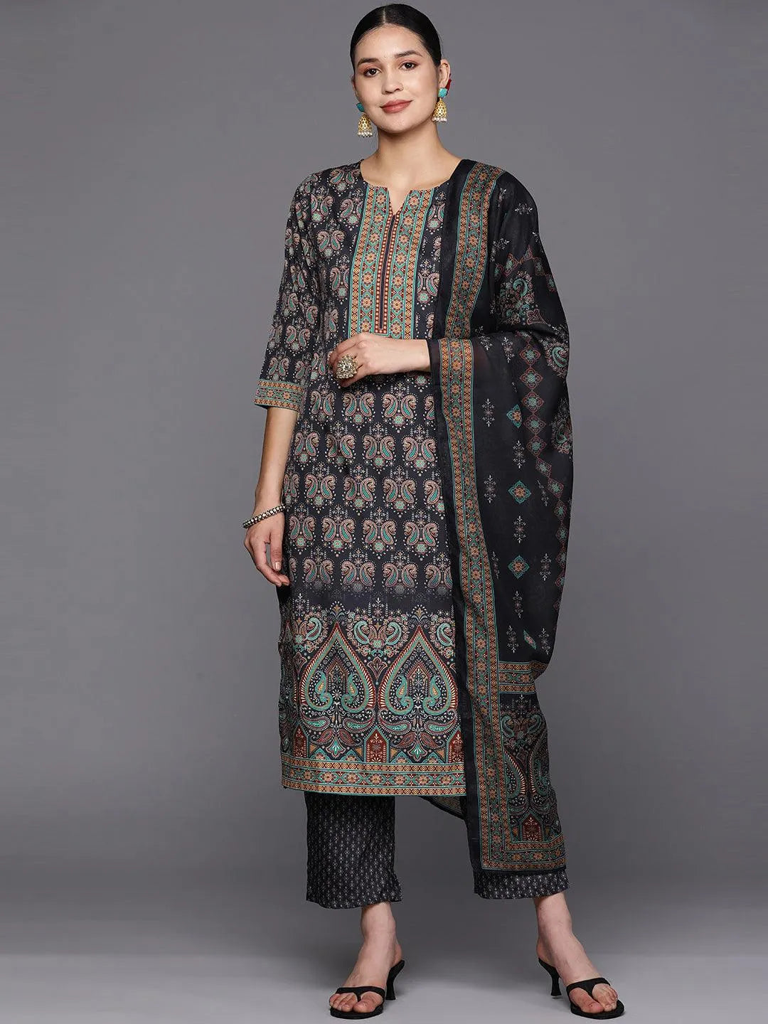 

Navy Blue Printed Crepe Straight Kurta With Trousers & Dupatta