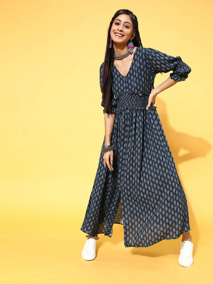 Navy Blue Printed Georgette Dress - Libas