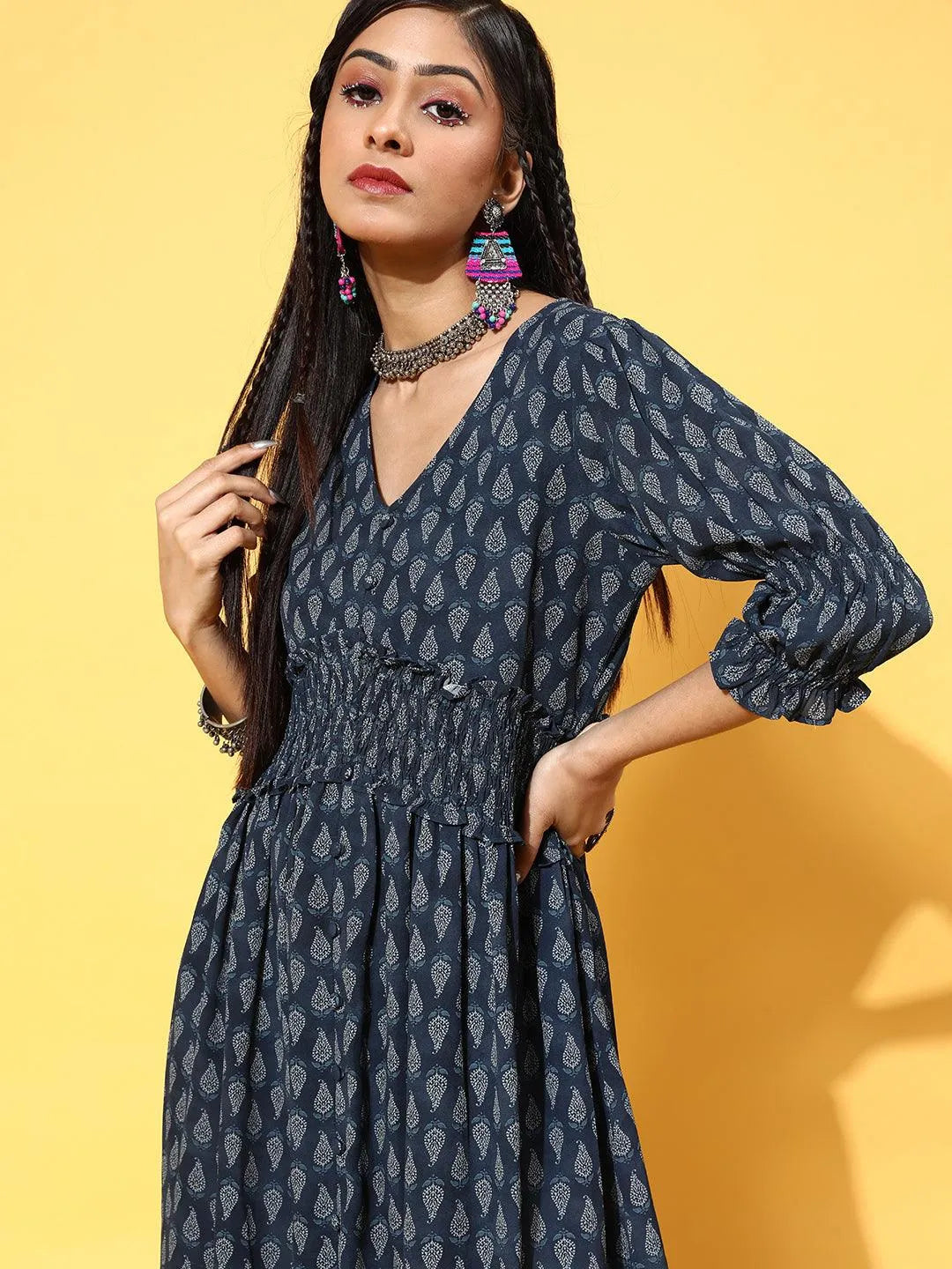 Navy Blue Printed Georgette Dress - Libas 