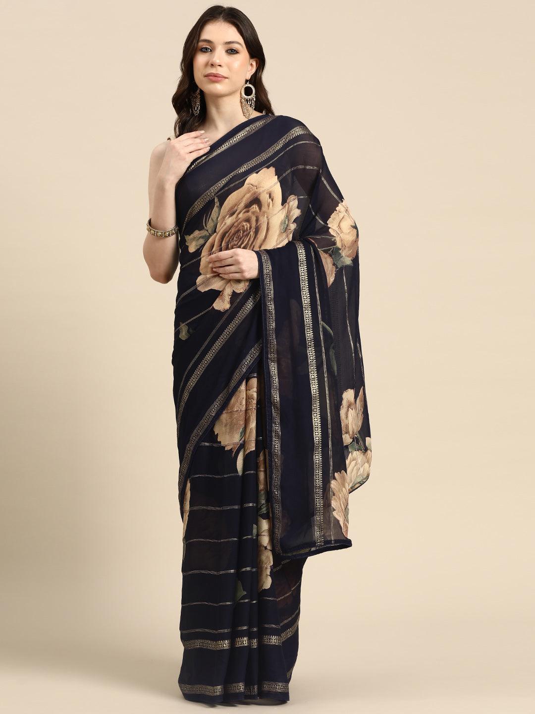 Navy Blue Printed Georgette Saree - Libas